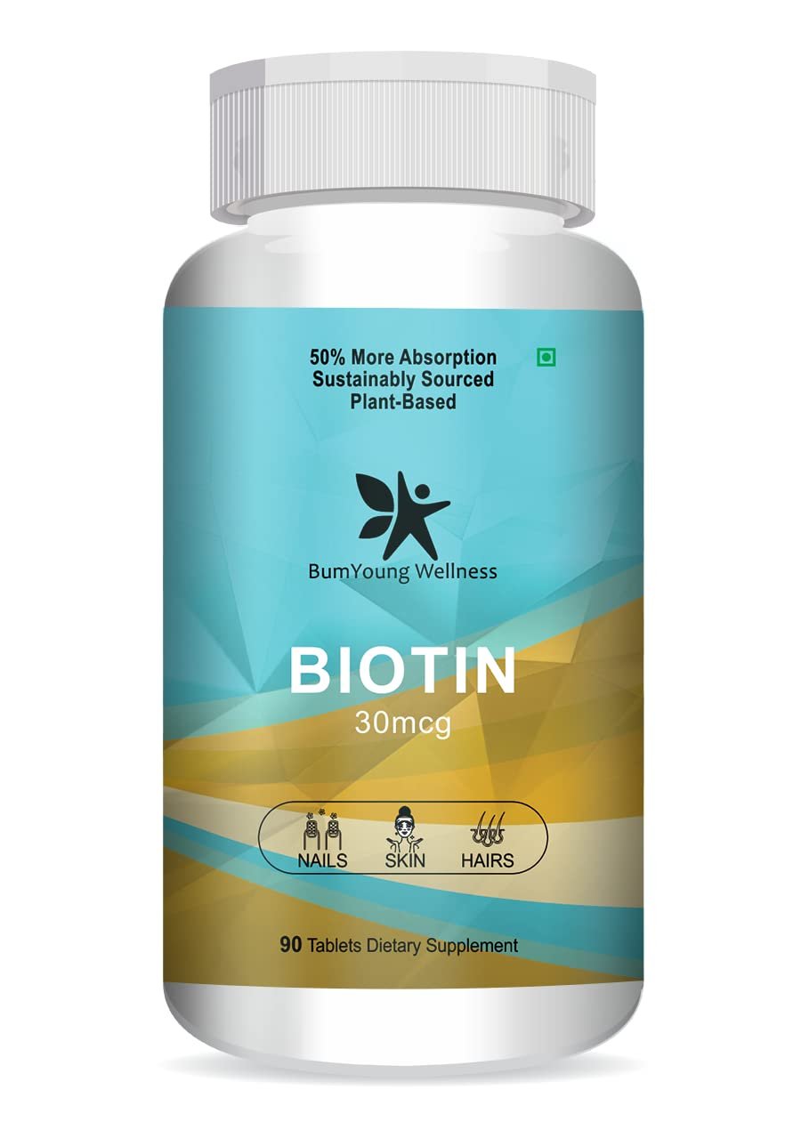 BumYoung Wellness Biotin 30mcg, Supplement for Hair Growth, Strong Hair and Glowing Skin, Fights Nail Brittleness 90 Tablets