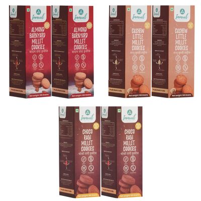 Immunit No Maida Assorted Millet Cookies, Pack of 6 (2 each*Almond Barnyard Cookies, Choco Ragi Cookies, Little Cashew Cookies) |Sweetened with Jaggery, Vegan, No Refined Sugar, No Preservatives