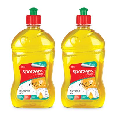 Spotzero By Milton Dishwash Gel Set of 2, 500 ml Each, Citrus | Liquid Dishwash Gel | Fights Grease | Power Cleans