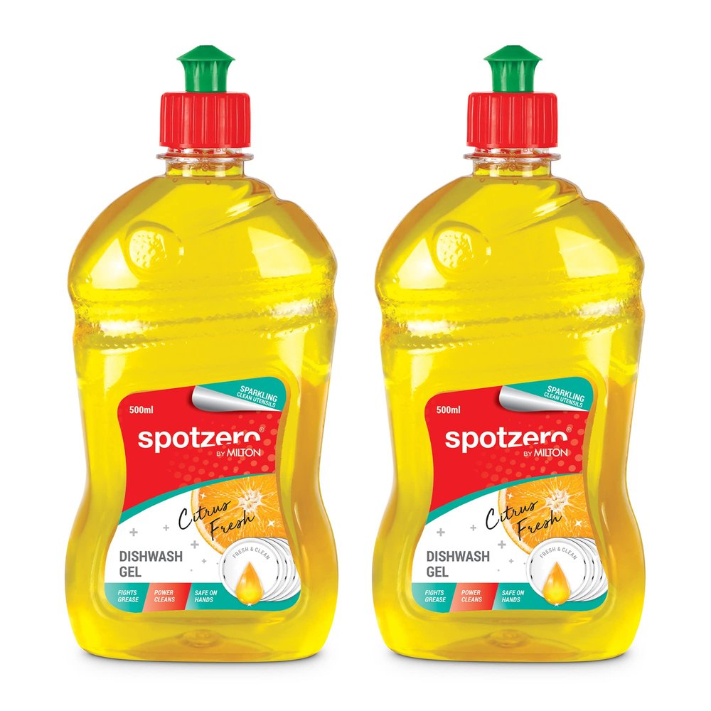 Spotzero By Milton Dishwash Gel Set of 2, 500 ml Each, Citrus | Liquid Dishwash Gel | Fights Grease | Power Cleans