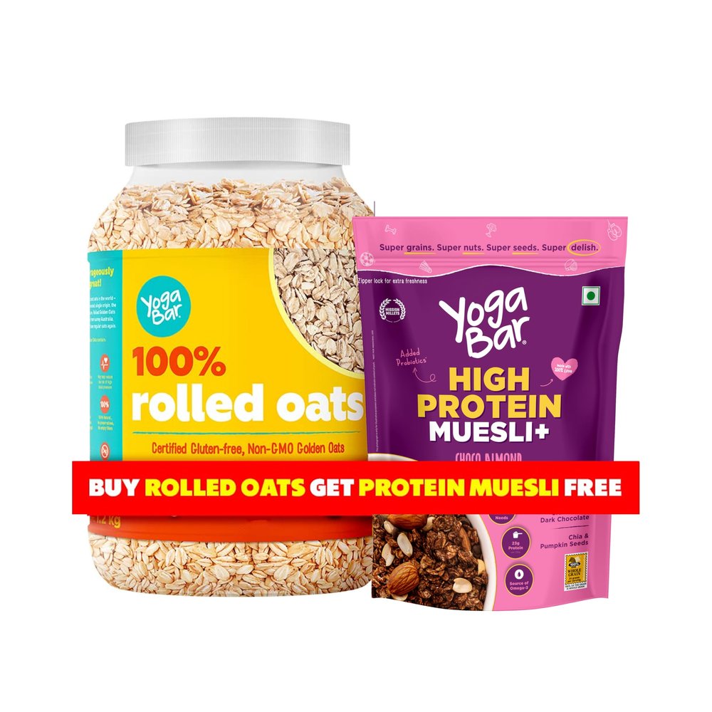 Yogabar Breakfast Protein Combo (Buy Rolled Oats 1kg, Get Protein Muesli 350g FREE) -100% Rolled Oats 1 kg and High Protein Muesli - Choco Almond & Cranberry 350g