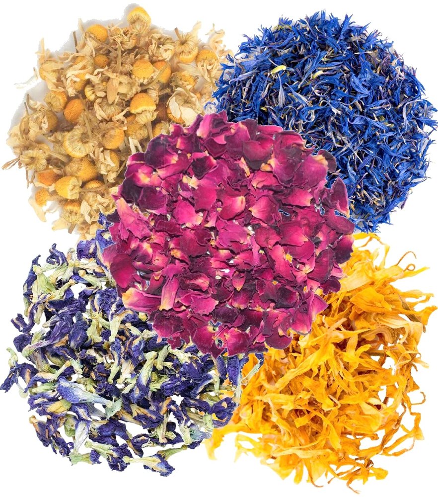 A D Food & Herbs Combo of Dried Butterfly Pea/Rose/Blue Corn/Chamomile/Calendula Flower Petals Aromatic Edible for Homemade Lattes, Tea Blends, Bath Salts, Gifts, Crafts each pack (200 Gms)