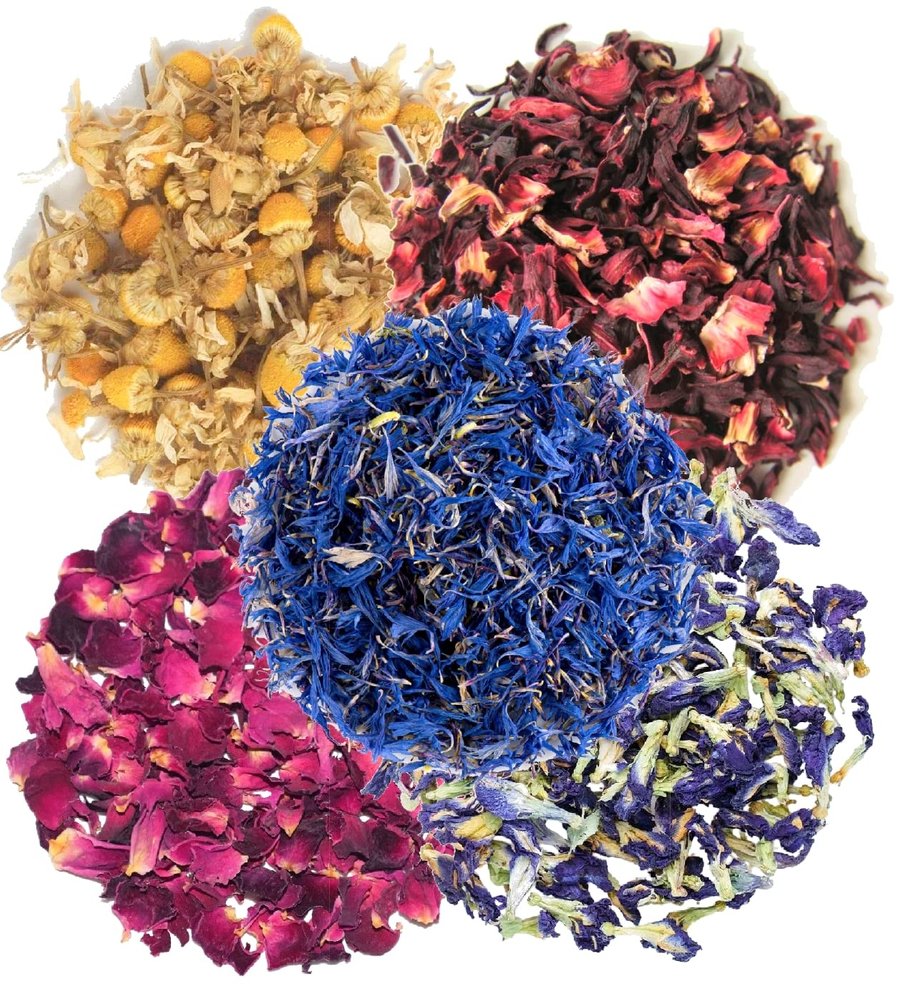A D Food & Herbs Combo of Dried Butterfly Pea/Rose/Hibiscus/Blue Corn/Chamomile Flower Petals Aromatic Edible for Homemade Lattes, Tea Blends, Bath Salts, Gifts, Crafts each pack (250 Gms)