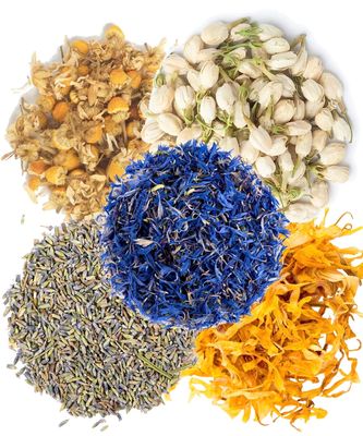 A D Food & Herbs Combo of Dried Jasmine/Lavender/Blue Corn/Chamomile/Calendula Flower Petals Aromatic Edible for Homemade Lattes, Tea Blends, Bath Salts, Gifts, Crafts each pack (200 Gms)