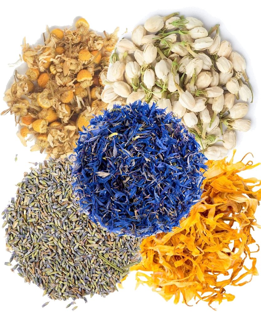 A D Food & Herbs Combo of Dried Jasmine/Lavender/Blue Corn/Chamomile/Calendula Flower Petals Aromatic Edible for Homemade Lattes, Tea Blends, Bath Salts, Gifts, Crafts each pack (200 Gms)
