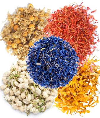 A D Food & Herbs Combo of Dried Jasmine/Safflower//Blue Corn/Chamomile/Calendula Flower Petals Aromatic Edible for Homemade Lattes, Tea Blends, Bath Salts, Gifts, Crafts each pack (250 Gms)