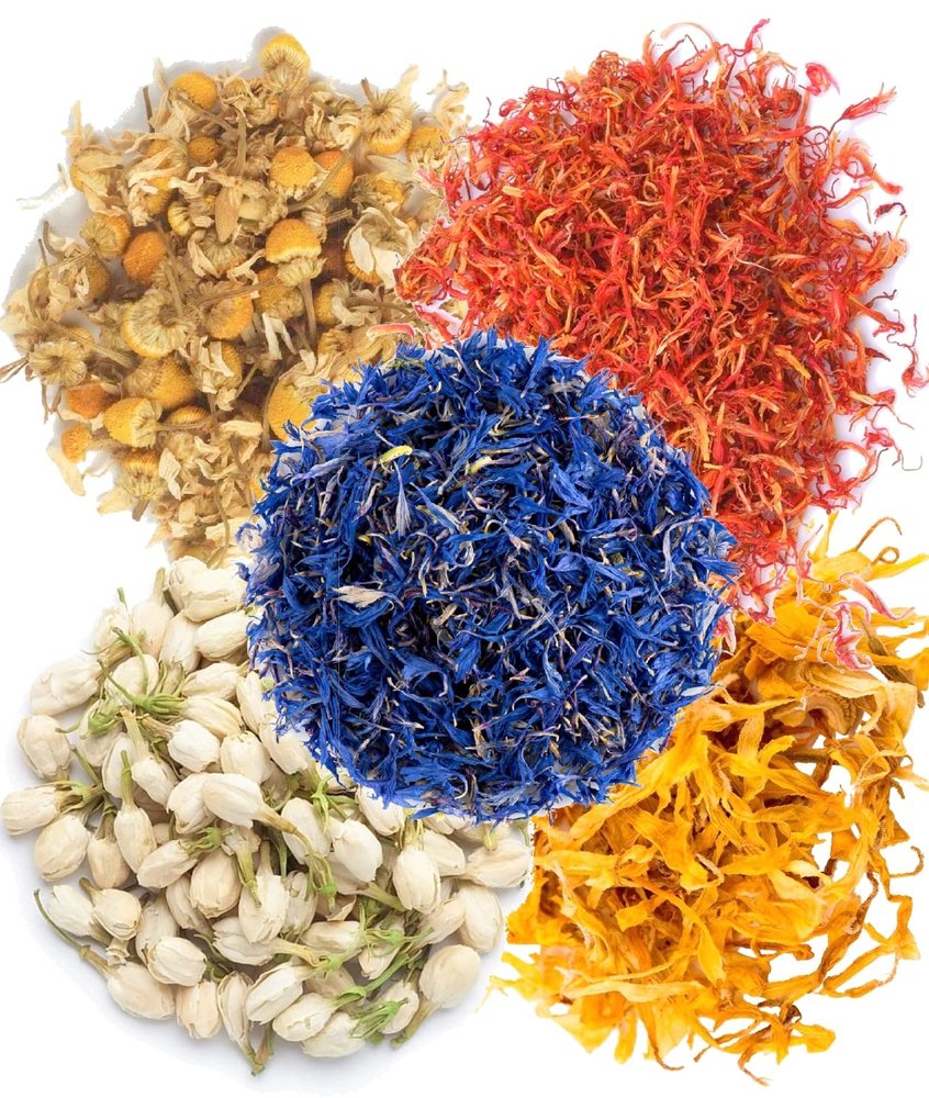 A D Food & Herbs Combo of Dried Jasmine/Safflower//Blue Corn/Chamomile/Calendula Flower Petals Aromatic Edible for Homemade Lattes, Tea Blends, Bath Salts, Gifts, Crafts each pack (250 Gms)