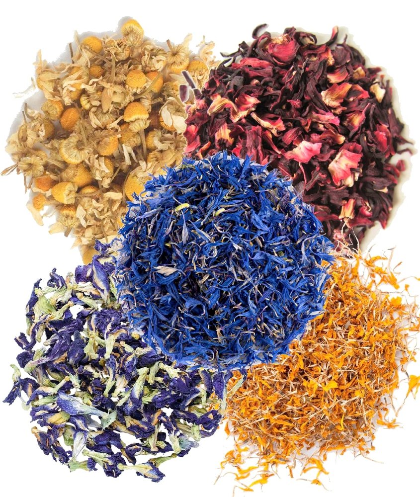 A D Food & Herbs Combo of Dried Butterfly Pea/Marigold/Hibiscus/Blue Corn Flower/Chamomile Flower Petals Aromatic Edible for Homemade Lattes, Tea Blends, Bath Salts, Gifts, Crafts each pack (200 Gms)