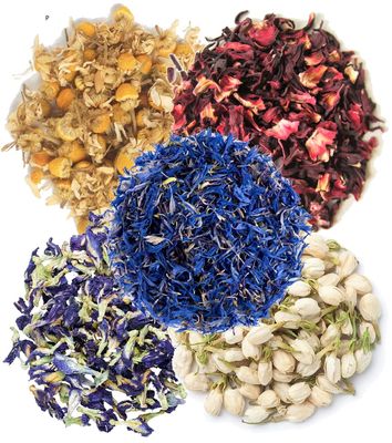 A D Food & Herbs Combo of Dried Jasmine/Butterfly Pea/Hibiscus/Blue Corn Flower/Chamomile Flower Petals Aromatic Edible for Homemade Lattes, Tea Blends, Bath Salts, Gifts, Crafts each pack (50 Gms)