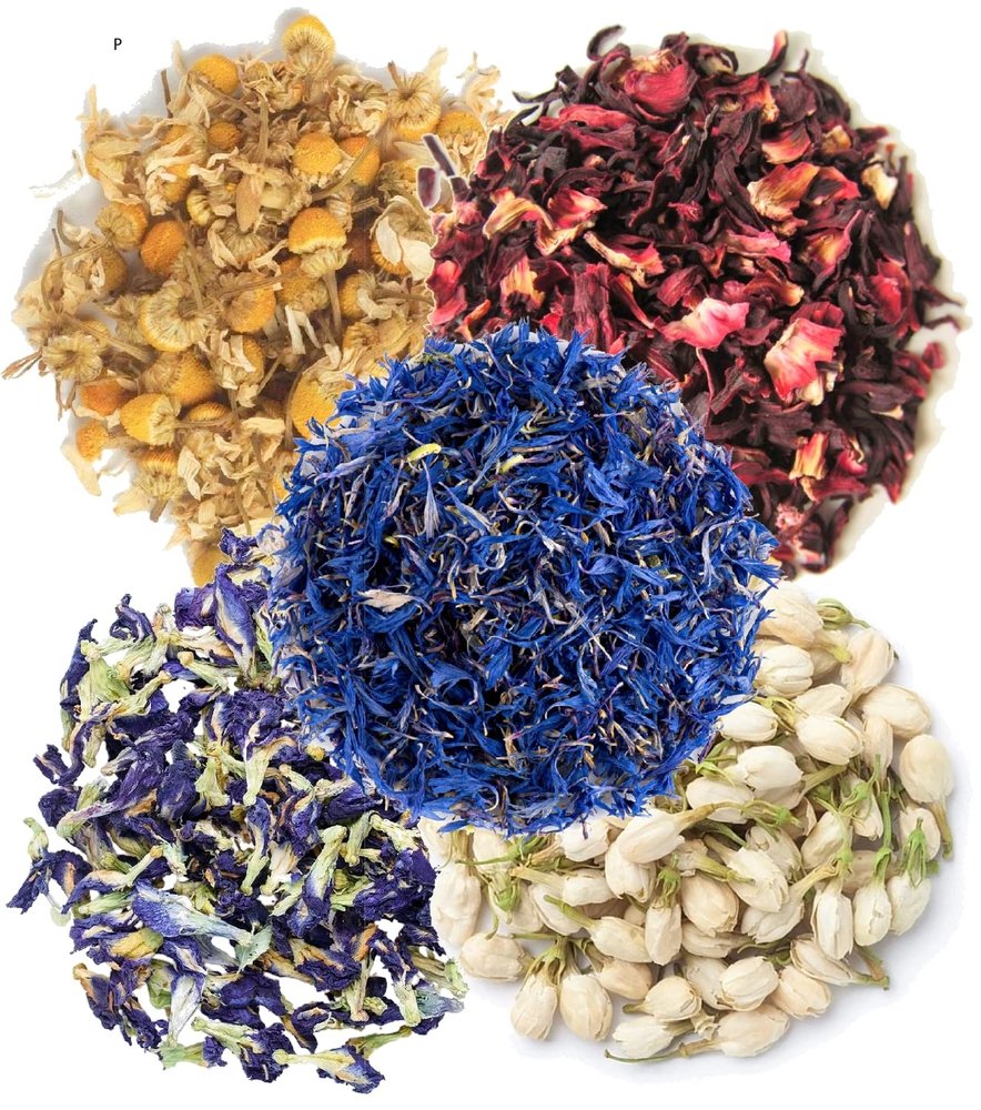 A D Food & Herbs Combo of Dried Jasmine/Butterfly Pea/Hibiscus/Blue Corn Flower/Chamomile Flower Petals Aromatic Edible for Homemade Lattes, Tea Blends, Bath Salts, Gifts, Crafts each pack (50 Gms)