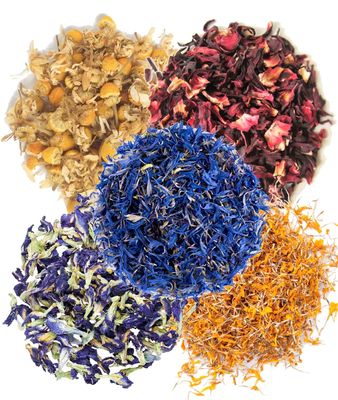 A D Food & Herbs Combo of Dried Butterfly Pea, Marigold, Hibiscus, Blue Corn Flower, Chamomile Flower Petals Aromatic Edible each pack (250 Gms)