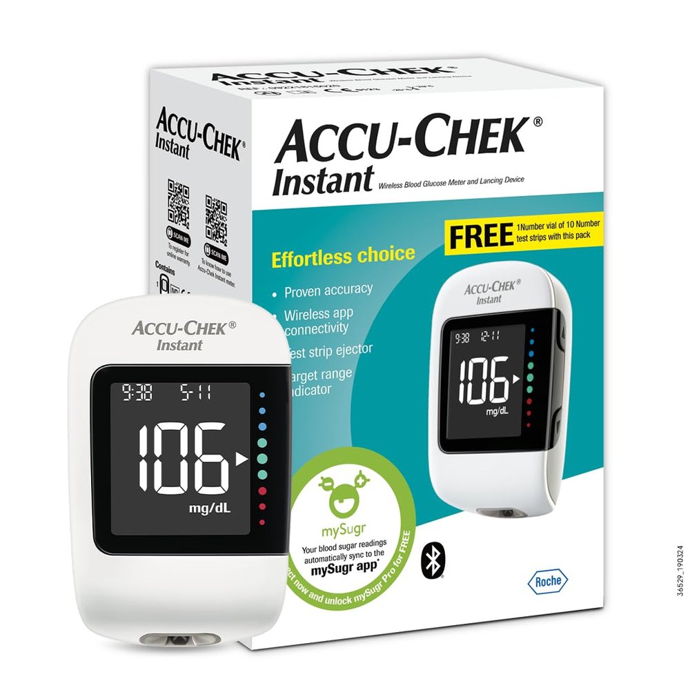 Accu-Chek Instant Blood Glucose Glucometer Kit with Vial of 10 Strips, 10 Lancets and a Lancing device FREE, White