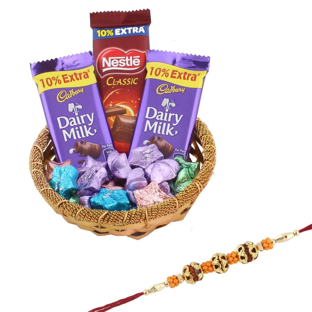 SFU E Com Assorted Chocolate Gift|3 Rudrash Designer Rakhi Chocolate for Bother | Roli, Chawal, Chandan, Misri | 53