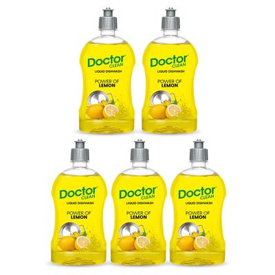 Doctor Clean Lemon Liquid Dishwash Gel, Scratch-Free, Easy Rinse, Non-Harming, Cuts Grease (Pack of 5, 500ml Kitchen Liquid)