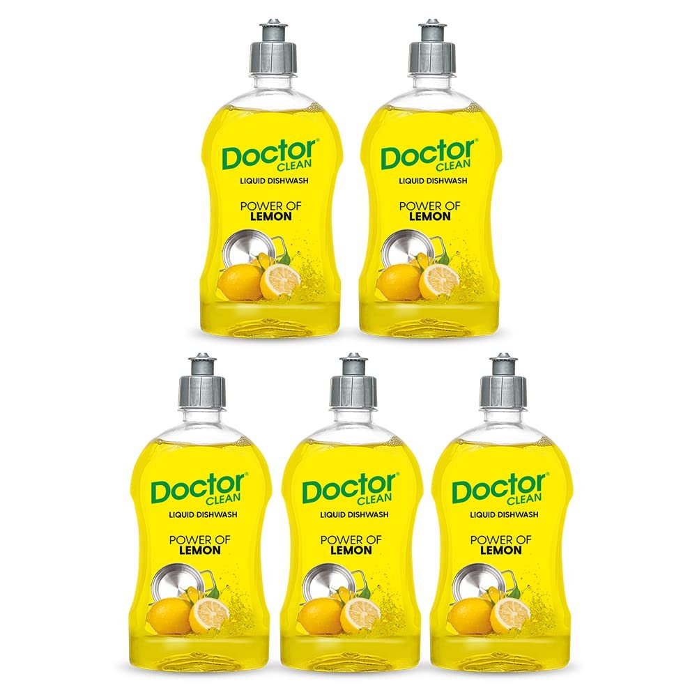 Doctor Clean Lemon Liquid Dishwash Gel, Scratch-Free, Easy Rinse, Non-Harming, Cuts Grease (Pack of 5, 500ml Kitchen Liquid)
