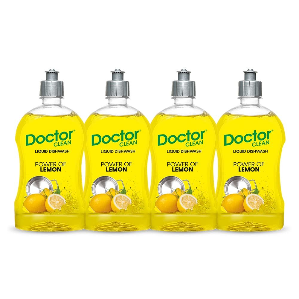 Doctor Clean Lemon Liquid Dishwash Gel, Scratch-Free, Easy Rinse, Non-Harming, Cuts Grease (Pack of 4, 500ml Kitchen Liquid)