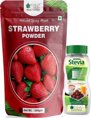 Bliss of Earth 200gm Strawberry Powder Natural Spray Dried+99.8% REB-A Purity Stevia Powder Natural & Sugarfree 200GM Pack of 2