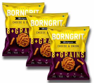 Borngrit Multigrain Snacks | Cheese and Onion | Roasted Not Fried Snacks | 8+ Grains of Ragi, Rice, Jowar , Amaranth, Corn, Soy & Oats | 100% natural | Guilt Free Snacking | No added sugars | No Added MSG | Good Source of Protein | 0% Cholesterol | N
