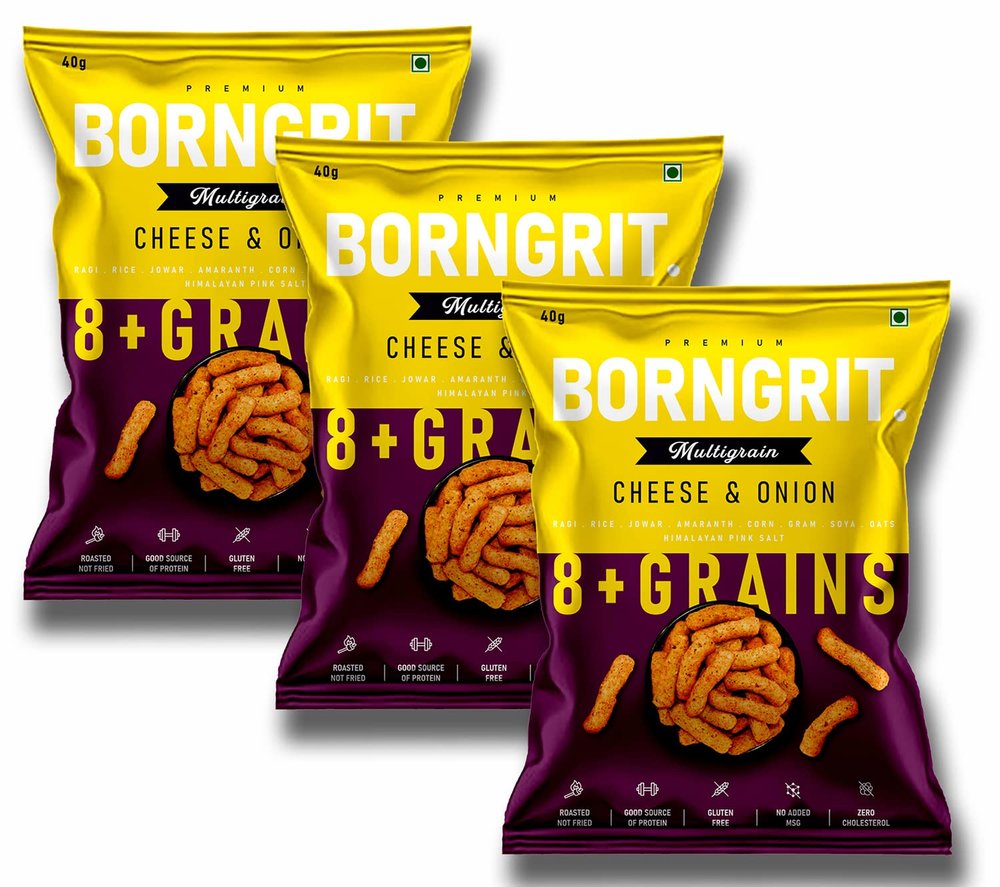 Borngrit Multigrain Snacks | Cheese and Onion | Roasted Not Fried Snacks | 8+ Grains of Ragi, Rice, Jowar , Amaranth, Corn, Soy & Oats | 100% natural | Guilt Free Snacking | No added sugars | No Added MSG | Good Source of Protein | 0% Cholesterol | N