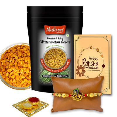 Midiron Rakhshbandhan Gifts for Brother, Bhaiya, Bhai | Rakhi with Roasted Spicy Watermelon Seeds gifts set for Brother | Rakhi Gift with Spicy Watermelon Seeds Pack, Roli and Greeting Card Gift Set