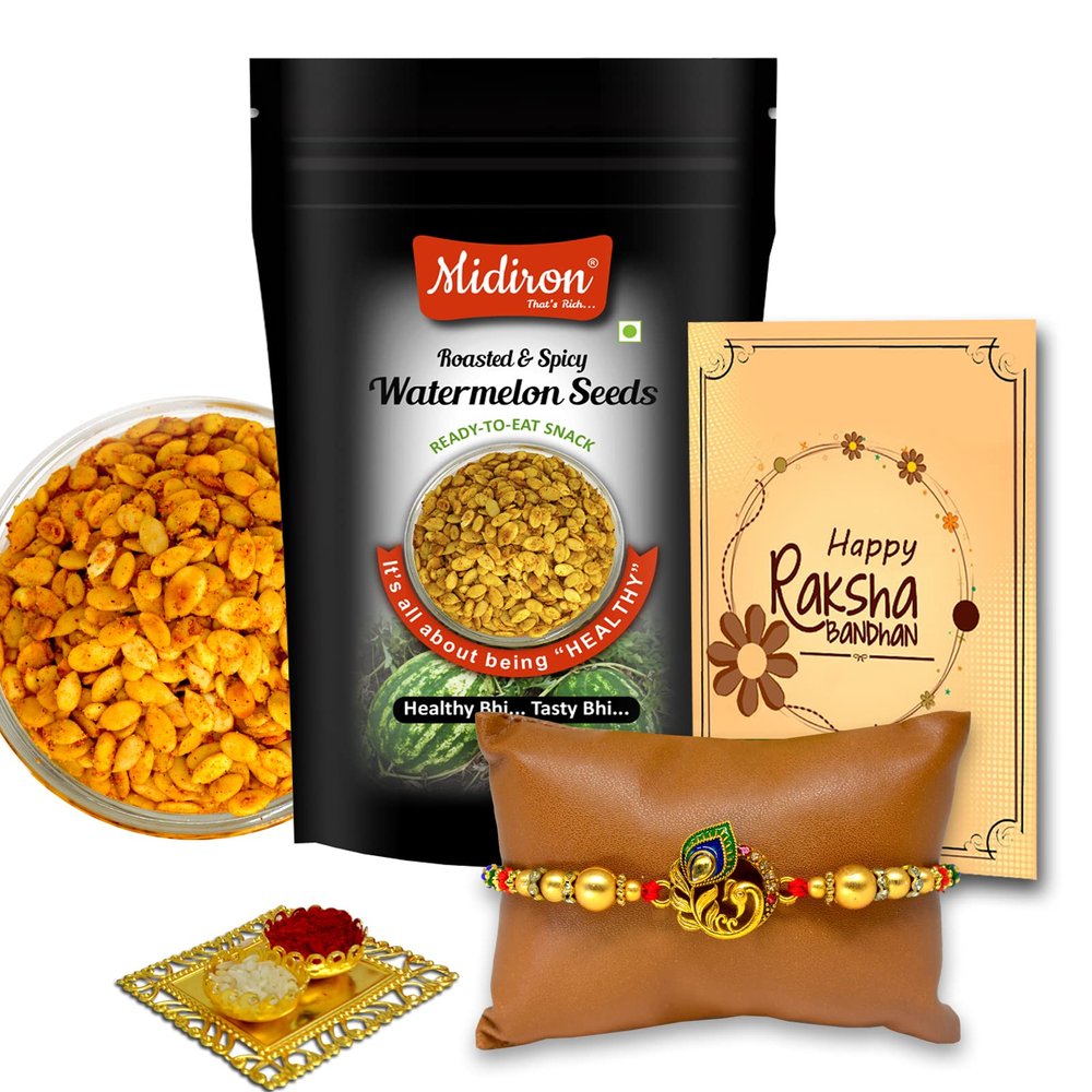 Midiron Rakhshbandhan Gifts for Brother, Bhaiya, Bhai | Rakhi with Roasted Spicy Watermelon Seeds gifts set for Brother | Rakhi Gift with Spicy Watermelon Seeds Pack, Roli and Greeting Card Gift Set