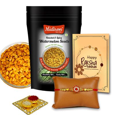 Midiron Rakhi gift for Brother| Rakhi with Roasted Spicy Watermelon Seeds Gift Set | Rakhi combo pack for Bhaiya | Rakhi with Roasted Spicy Watermelon Seeds Pack, Roli and Greeting Card Gift Set