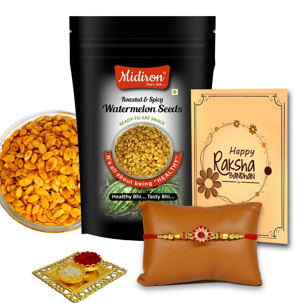 Midiron Rakhi gift for Brother| Rakhi with Roasted Spicy Watermelon Seeds Gift Set | Rakhi combo pack for Bhaiya | Rakhi with Roasted Spicy Watermelon Seeds Pack, Roli and Greeting Card Gift Set