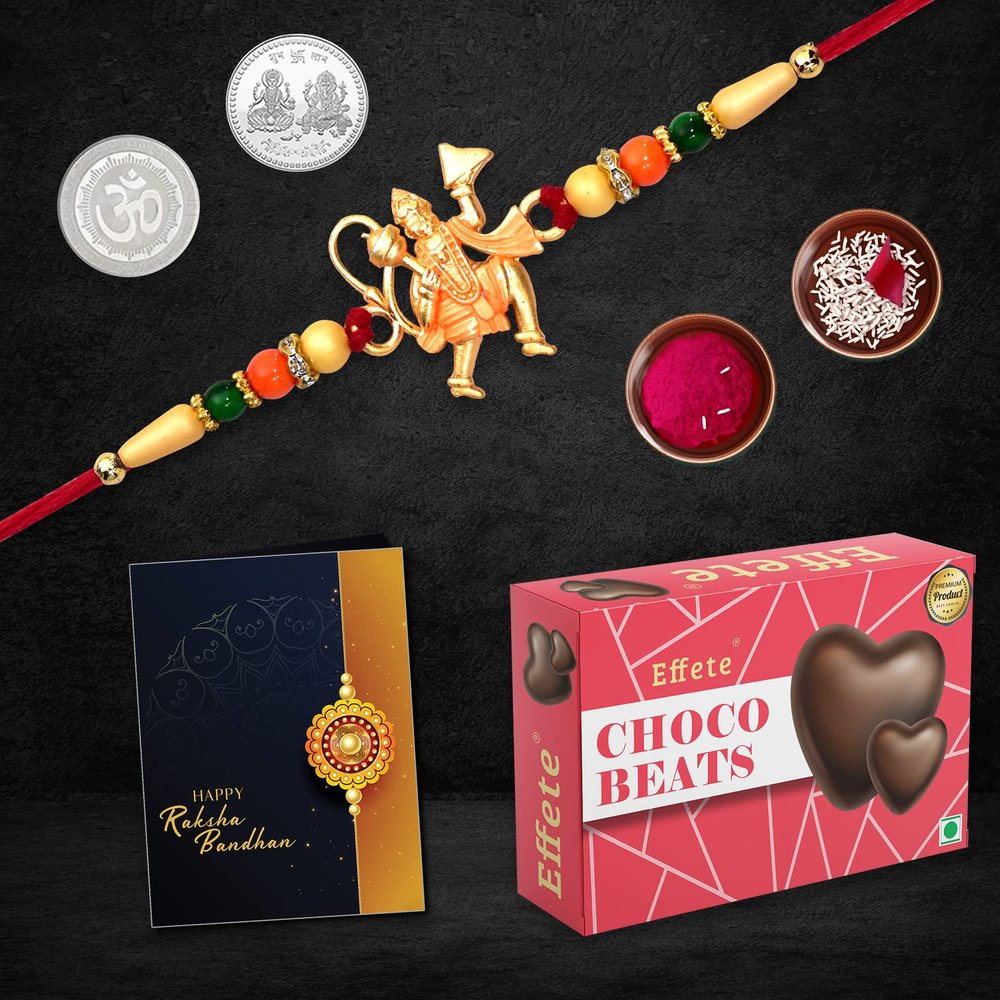 DeoDap (K1_261_CB32) Multicolor Hanuman Rakhi Combo with Effete Chocolate Beats 32gm, Silver Color Pooja Coin, Roli Chawal & Greeting Card | Occasion | Rakhi for brother with gift | chocolate gift pack |rakhi with Chocolate Gift Hemper | Bracelets fo