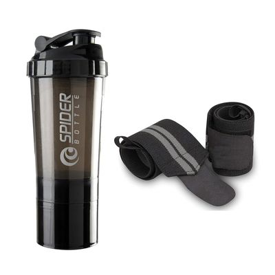 Cool Indians Sports Combo Pack of Gym Shaker Bottle with Wrist Support Band for Gym & Fitness Kit 500 ml Shaker (Gym Shaker + Wrist Support Band Black