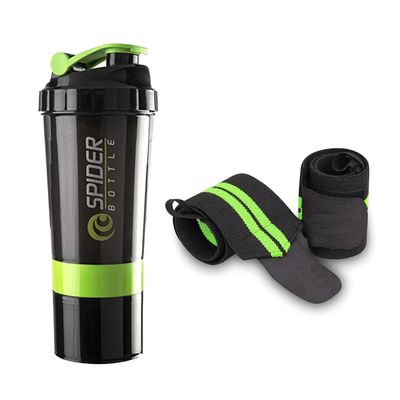 COOL INDIANS Sports Combo Pack of Gym Shaker Bottle with Wrist Support Band For Gym & Fitness Kit 500 ml Shaker (Gym shaker + Wrist support band) Green
