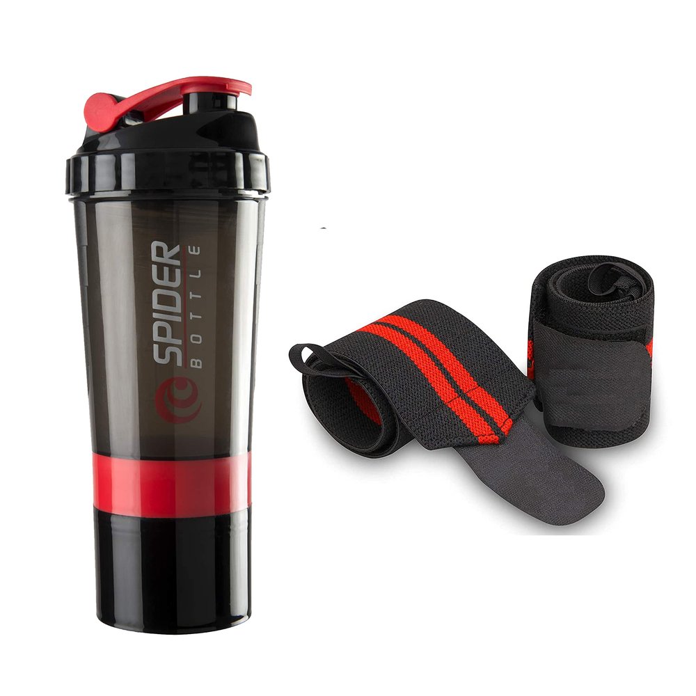 COOL INDIANS Sports Combo Pack of Gym Shaker Bottle with Wrist Support Band For Gym & Fitness Kit 500 ml Shaker (Gym shaker + Wrist support band) RED