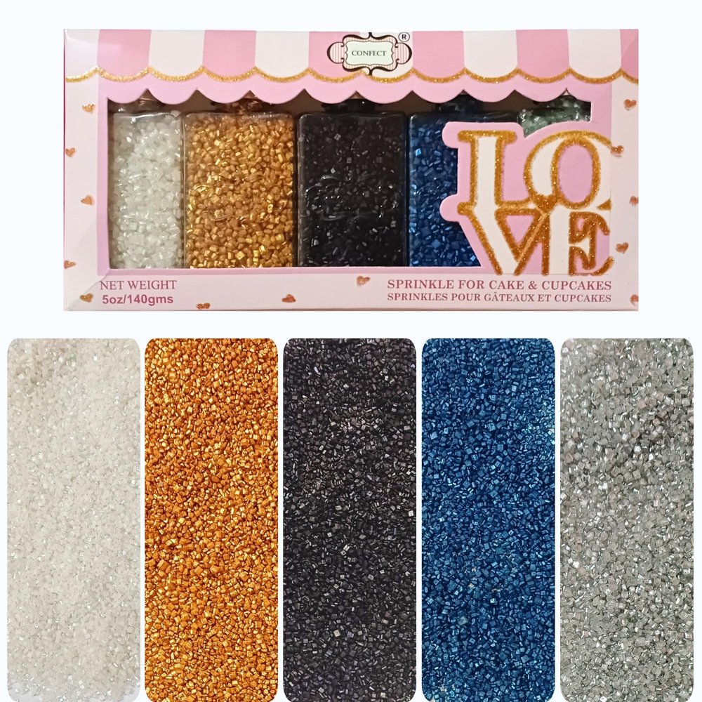 Confect- Funky Disco Sparkling Sugar Sprinkle Mix 5-Pack Assorted Edible Sugar Crystals in White, Champagne Gold, Black, Bright Blue & Silver Cake, Cupcake & Cookie Decorating Toppings Vegan, Gluten-Free- 140 gms