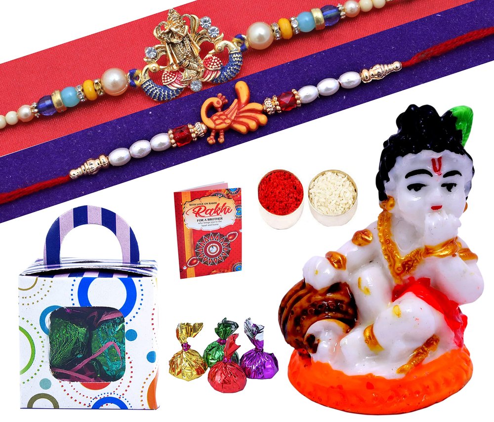 Rakhi for brother with sweets/Rakhi gift for brother/Set of 2 rakhi/rakhi for brother-Kundan Rakhi+Peacock Rakhi+Figurine showpiece +Roli, Chawal+Rakshabandhan Greeting card