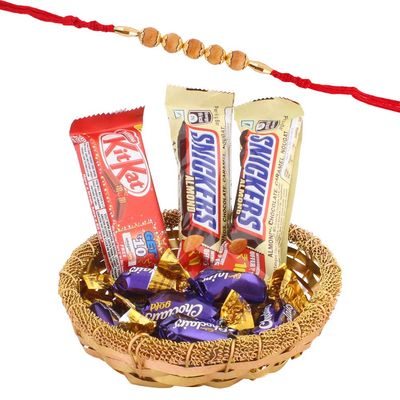 SFU E Com Golden Wishes with Chocolates|Beautiful Sandalwood Rakhi Chocolate for Bother | Roli, Chawal, Chandan, Misri | 33