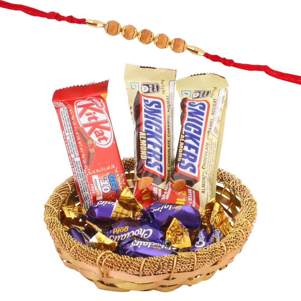 SFU E Com Golden Wishes with Chocolates|Beautiful Sandalwood Rakhi Chocolate for Bother | Roli, Chawal, Chandan, Misri | 33
