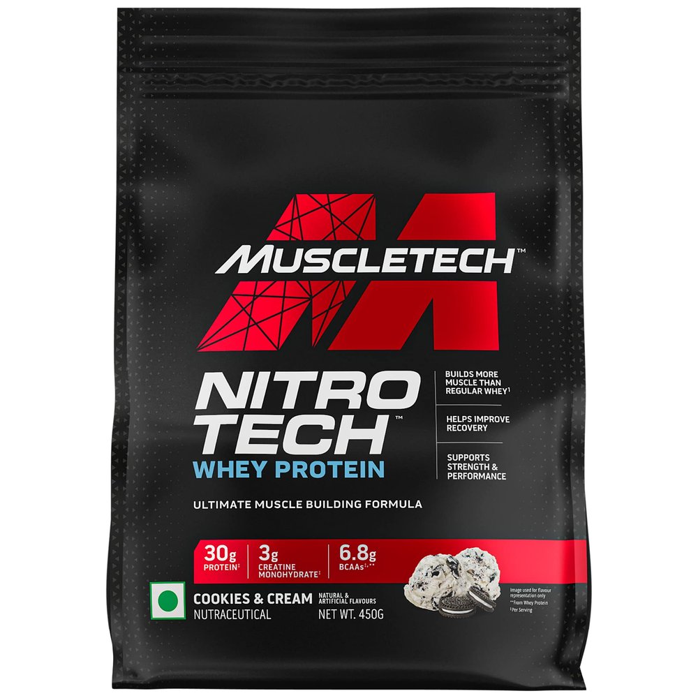 MuscleTech Nitro-Tech Whey Protein, 450g, Cookies & Cream, 30g Protein, 3g creatine monohydrate, 6.7g BCAA, ultimate muscle building formula, increase strength & performance