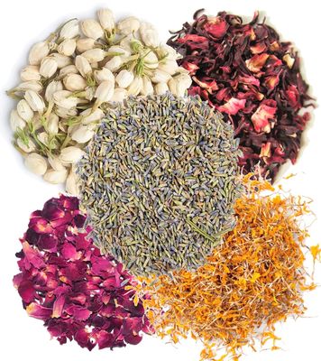 A D Food & Herbs Combo of Dried Jasmine/Lavender/Marigold/Rose/Hibicus Flower Petals Aromatic Edible for Homemade Lattes, Tea Blends, Bath Salts, Gifts, Crafts each pack (250 Gms)