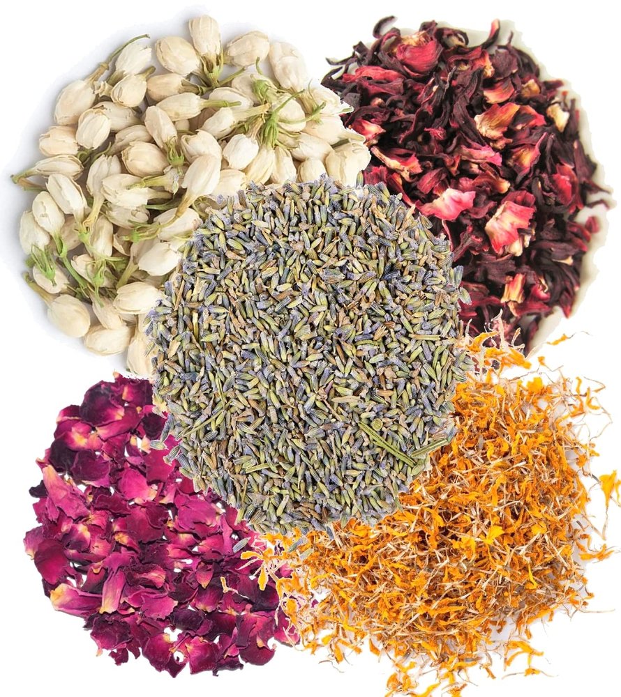 A D Food & Herbs Combo of Dried Jasmine/Lavender/Marigold/Rose/Hibicus Flower Petals Aromatic Edible for Homemade Lattes, Tea Blends, Bath Salts, Gifts, Crafts each pack (250 Gms)
