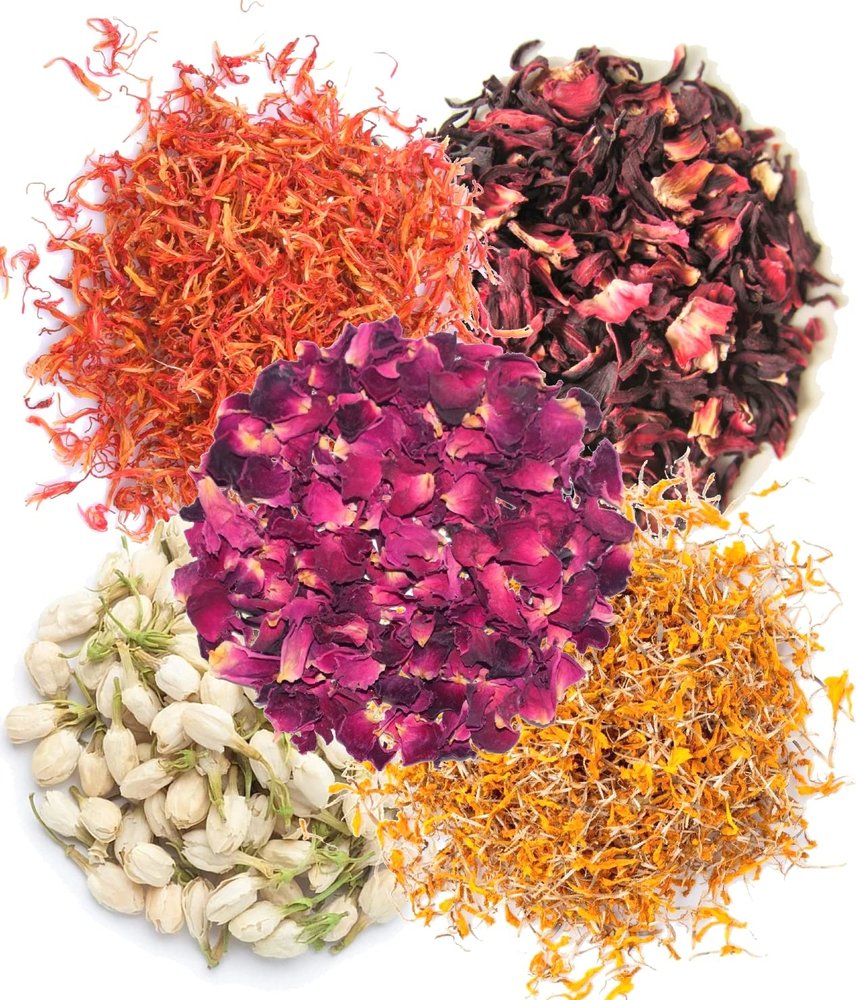 A D Food & Herbs Combo of Dried Jasmine/Safflower/Marigold/Rose/Hibicus Flower Petals Aromatic Edible for Homemade Lattes, Tea Blends, Bath Salts, Gifts, Crafts each pack (250 Gms)