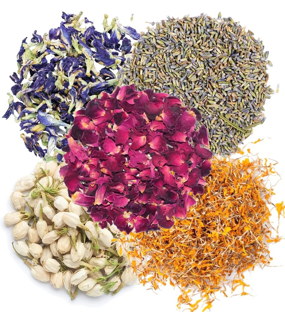 A D Food & Herbs Combo of Dried Jasmine/Lavender/Butterfly Pea Flower/Marigold/Rose Flower Petals Aromatic Edible for Homemade Lattes, Tea Blends, Bath Salts, Gifts, Crafts each pack (250 Gms)