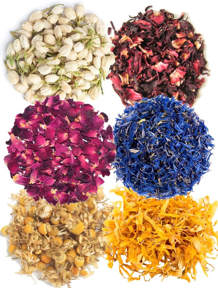 A D Food & Herbs Combo of Dried Jasmine/Rose/Hibiscus/Blue Corn Flower/Chamomile/Calendula Flower Petals Aromatic Edible for Homemade Lattes, Tea Blends, Bath Salts, Gifts, Crafts each pack (200 Gms)
