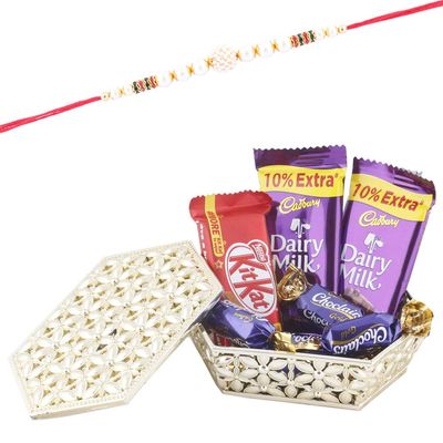 SFU E Com Chocolates with Golden Box|Beautiful Moti Ball Rakhi Chocolate for Bother | Roli, Chawal, Chandan, Misri | 05