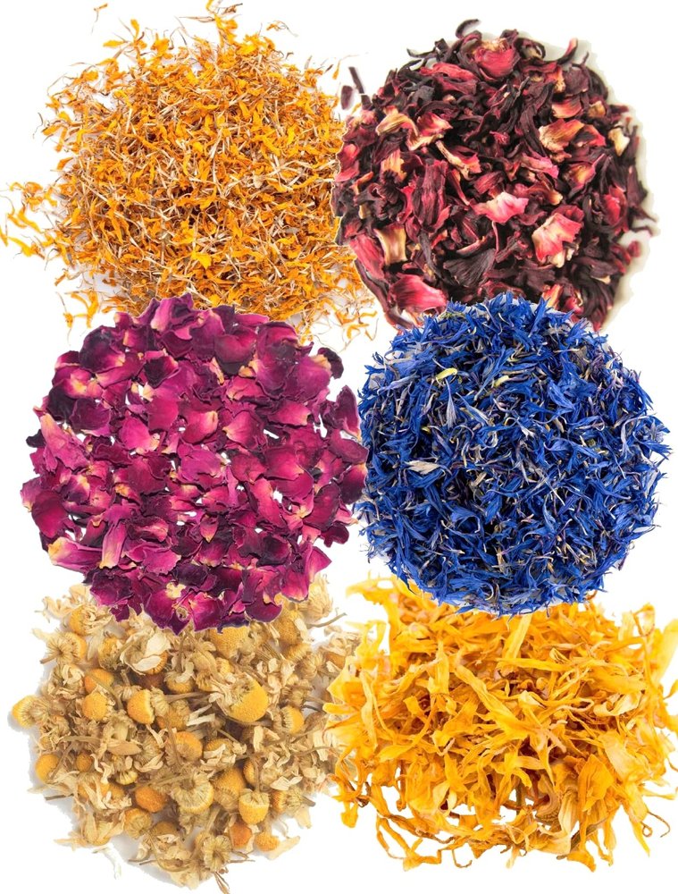 A D Food & Herbs Combo of Dried Marigold/Rose/Hibiscus/Blue Corn/Chamomile/Calendula Flower Petals Aromatic Edible for Homemade Lattes, Tea Blends, Bath Salts, Gifts, Crafts each pack (200 Gms)