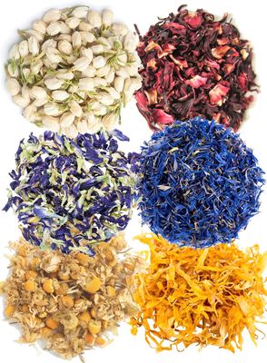A D Food & Herbs Combo of Dried Jasmine/Butterfly Pea/Hibiscus/Blue Corn/Chamomile/Calendula Flower Petals Aromatic Edible for Homemade Lattes,Tea Blends,Bath Salts,each pack (200 Gms)