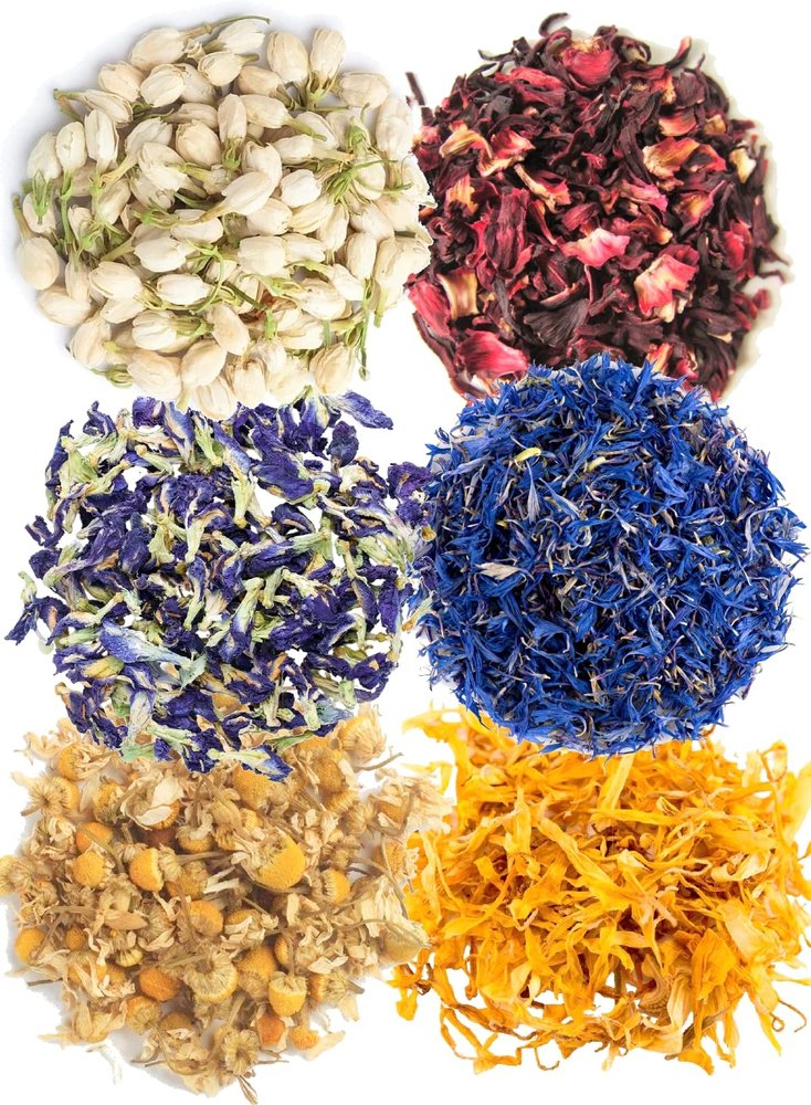 A D Food & Herbs Combo of Dried Jasmine/Butterfly Pea/Hibiscus/Blue Corn/Chamomile/Calendula Flower Petals Aromatic Edible for Homemade Lattes,Tea Blends,Bath Salts,each pack (200 Gms)