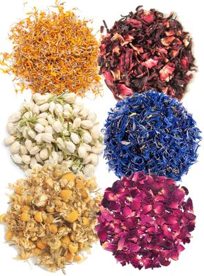 A D Food & Herbs Combo of Dried Jasmine/Marigold/Rose/Hibiscus/Blue Corn/Chamomile Flower Petals Aromatic Edible for Homemade Lattes,Tea Blends,Bath Salts,each pack (200 Gms)