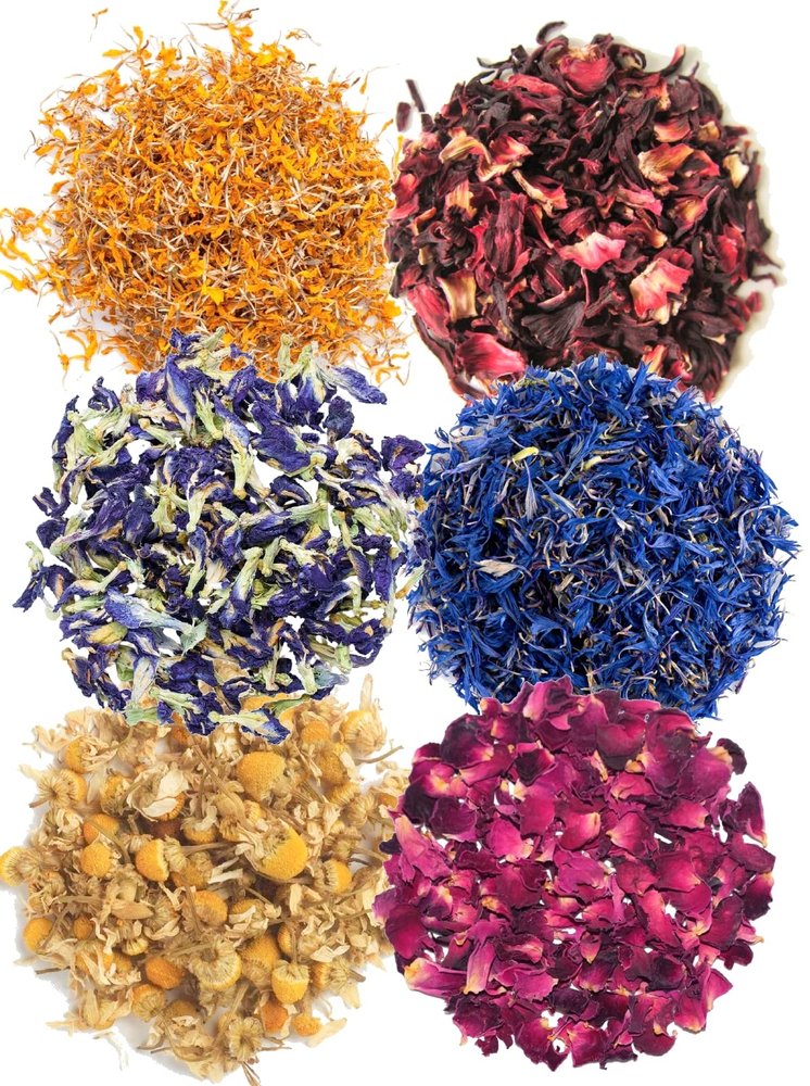 A D Food & Herbs Combo of Dried Butterfly Pea/Marigold/Rose/Hibiscus/Blue Corn/Chamomile Flower Petals Aromatic Edible for Homemade Lattes,Tea Blends,Bath Salts,each pack (50 Gms)