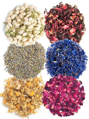 A D Food & Herbs Combo of Dried Jasmine/Lavender/Rose/Hibiscus/Blue Corn/Chamomile Flower Petals Aromatic Edible for Homemade Lattes,Tea Blends,Bath Salts,each pack (200 Gms)