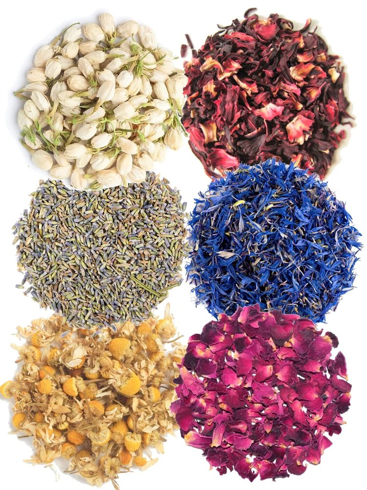 A D Food & Herbs Combo of Dried Jasmine/Lavender/Rose/Hibiscus/Blue Corn/Chamomile Flower Petals Aromatic Edible for Homemade Lattes,Tea Blends,Bath Salts,each pack (200 Gms)