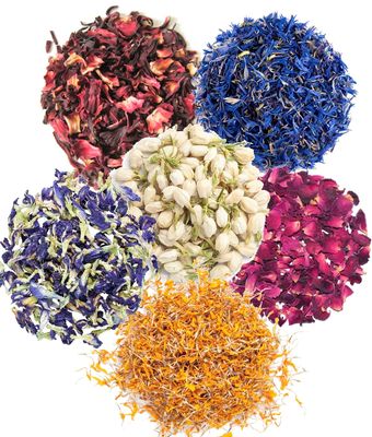 A D Food & Herbs Combo of Dried Jasmine/Butterfly Pea/Marigold/Rose/Hibiscus/Blue Corn Flower Petals Aromatic Edible for Homemade Lattes,Tea Blends,Bath Salts,each pack (200 Gms)